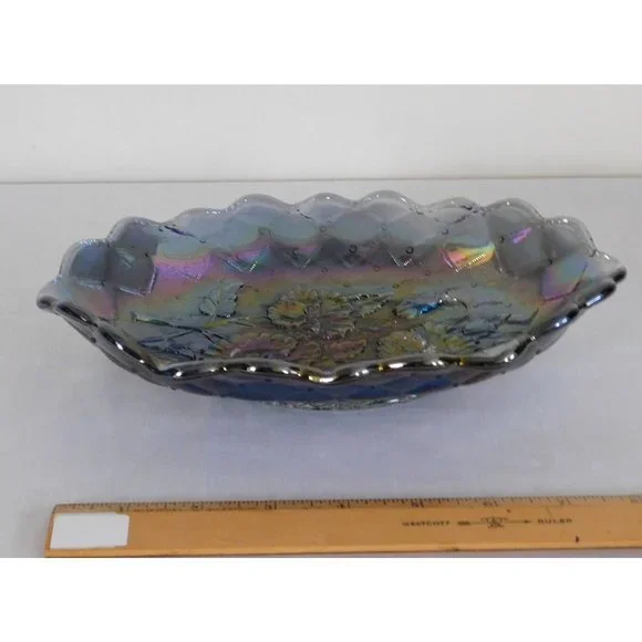 Imperial Glass Pickle Relish Dish Quilted Pansy Smoke Blue Iridescent Carnival - Picture 2 of 6